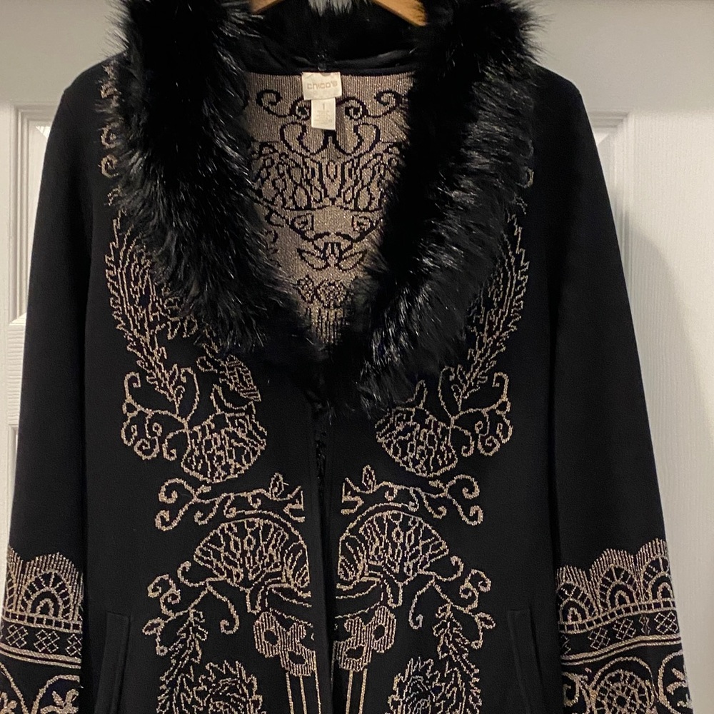 Chico's Black and Gold Embroidered Cardigan